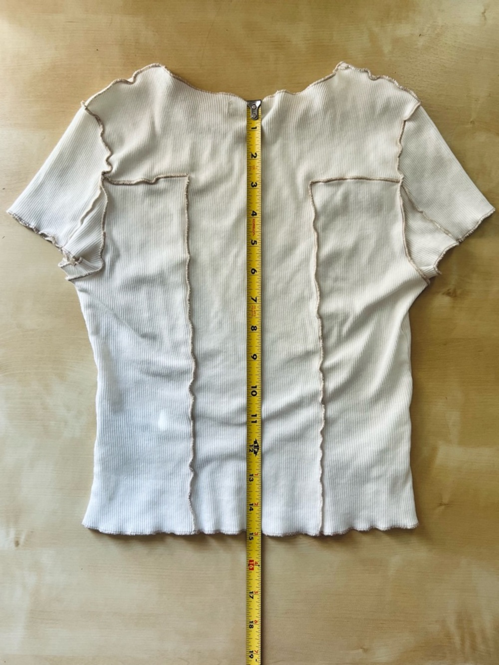 Reformation Cream Ribbed Lettuce-Edge Short Sleeve Tee with Exposed Seams - Picture 3 of 6